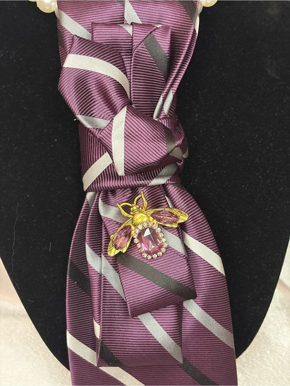 Purple Striped Necktie with Bee Brooch